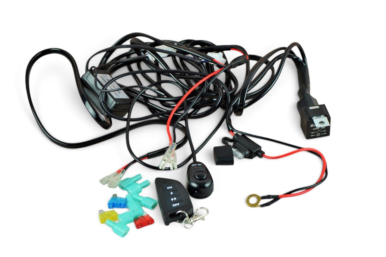 Проводка для фар з пультом 2*100 W 12V LED фар, LED балки (реле, клавіша, блок стробоскопа, запобіжники)