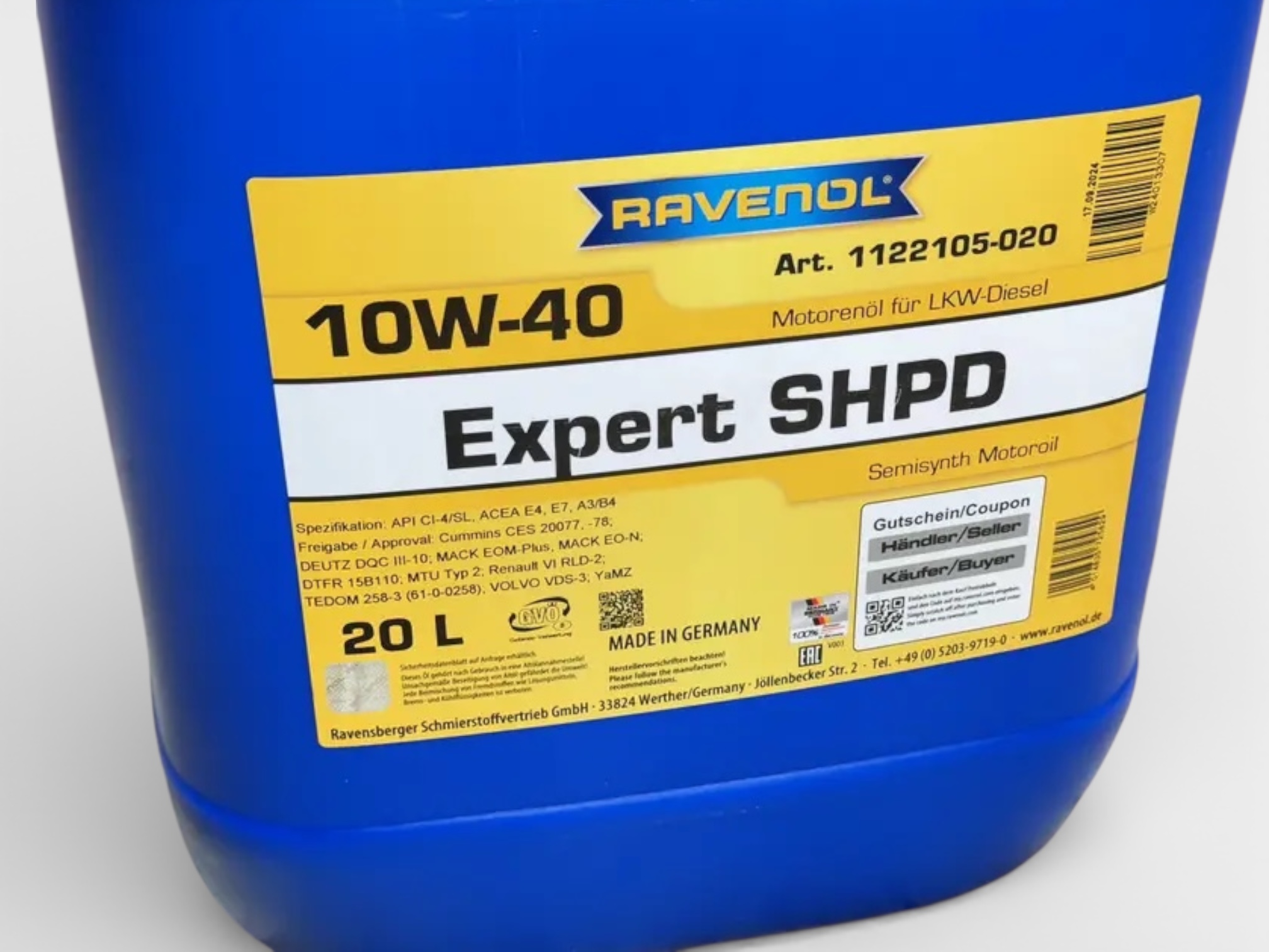 Масло моторное RAVENOL полусинтетическое 10W-40 Expert SHPD 20л 1122105-020